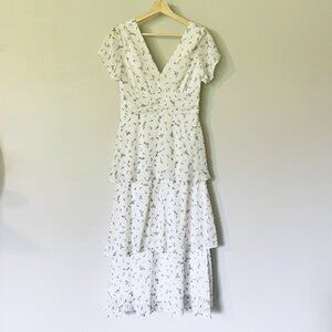 Altar'd State Dress Size Medium Maxi White Floral Tiered Cottagecore Swiss Dot